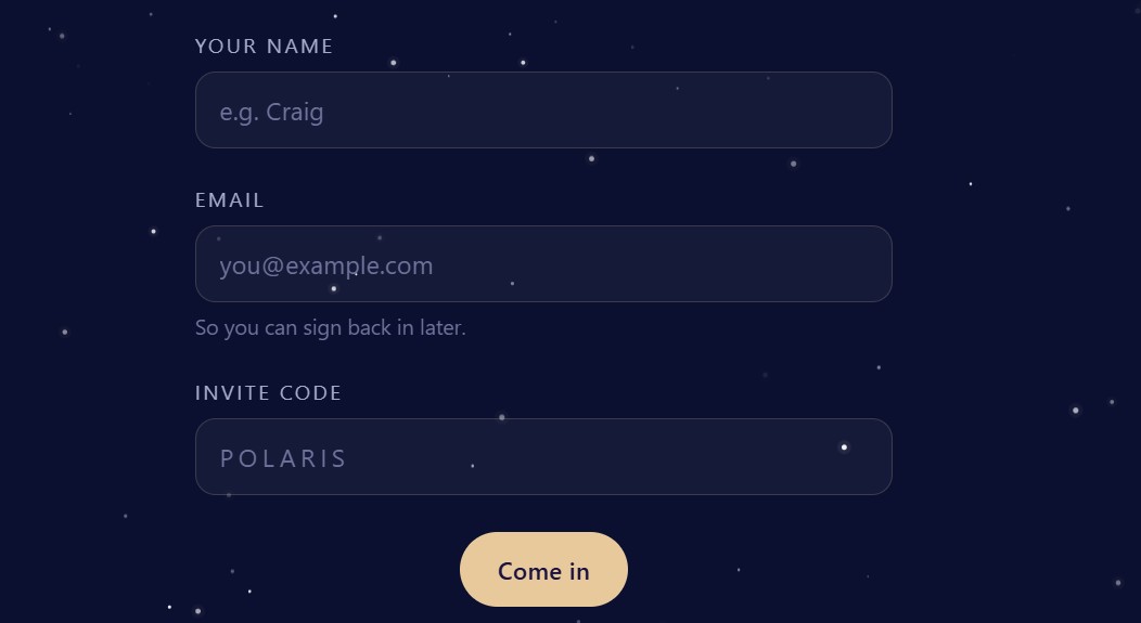 The invitation screen β your name, email, and the invite code you were given