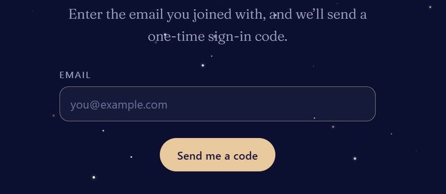 The sign-in screen β your email, then the six-digit code